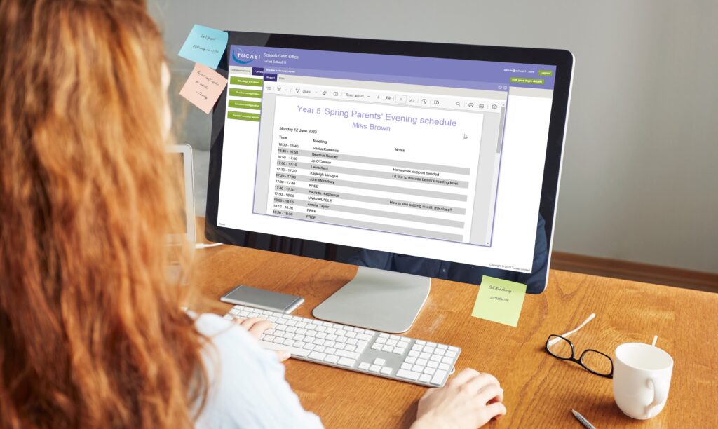 Teacher's parents' evening schedule on computer screen