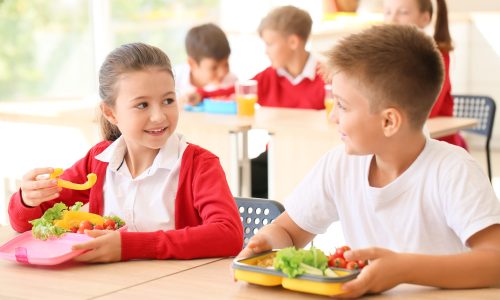 Happy school children eating lunch