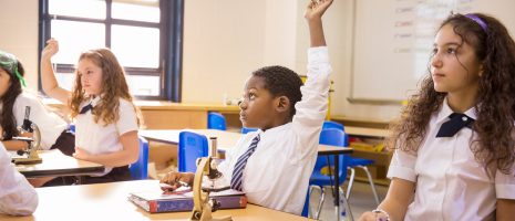 Pupils raising hands in science class