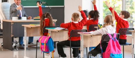 primary schools children with raised hands during a class